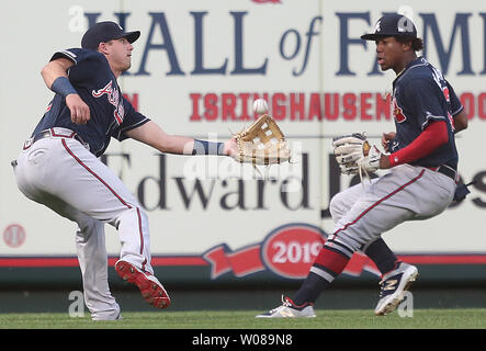 Atlanta Braves Austin Riley (L) can't make the catch on a ball off the bat of St. Louis Cardinals Kolten Wong as centerfielder Ronald Acuna, Jr. looks on in the third inning at Busch Stadium in St. Louis on May 24, 2019. Wong reached second base on the error. Photo by Bill Greenblatt/UPI Stock Photo