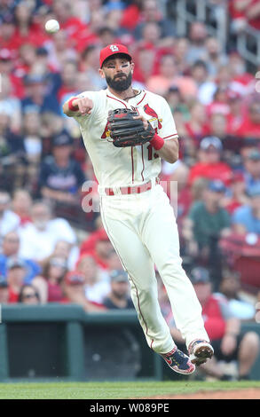 St. Louis Cardinals third baseman Matt Carpenter makes the throw to first base to get Atlanta Braves Dansby Swanson for the out in the first inning at Busch Stadium in St. Louis on May 25, 2019. St. Louis defeated Atlanta 6-3. Photo by Bill Greenblatt/UPI Stock Photo