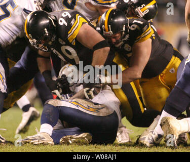 Pittsburgh Steelers Brett Keisel (99) celebrates after sacking San Diego  Chargers Philip Rivers (17) in the fourth quarter of the AFC divisional  playoff game at Heinz Field on January 11, 2009 in