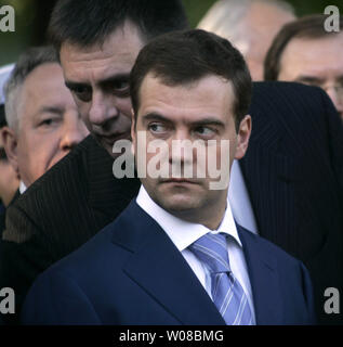 Russian First Vice Prime Minister Dmitriy Medvedev attends a ceremony of the unveiling of the monument to late Anatoly Sobchak, St. Petersburg's Mayor, in St. Petersburg on June 12, 2006. Russian President Vladimir Putin, who was an aide to Sobchak from1994 to 1996, also attended. (UPI Photo/Anatoli Zhdanov) Stock Photo