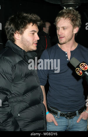 Actors Emile Hirsch (L) and  Ben Foster arrives to an after-party premiere of the movie Alpha Dog, at the 2006 Sundance Film Festival in Park City, Utah. (UPI Photo/Kevin Dietsch) Stock Photo