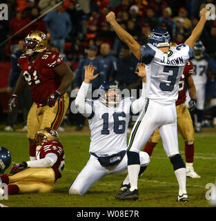 FILE ** In a file photo, Seattle Seahawks kicker Josh Brown (3) celebrates  his game-winning field goal with 3 seconds on the clock to defeat the  Detroit Lions 9-6 in their