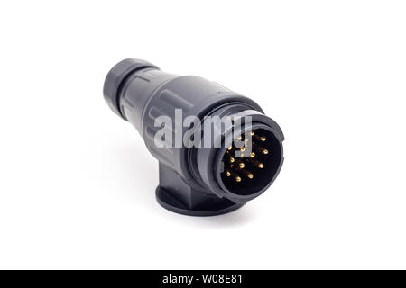 13 pin trailer socket for car or truck on isolated white background Stock Photo