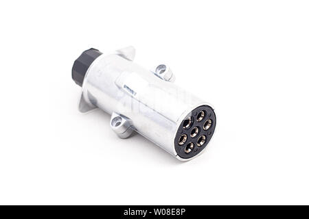 7 pin trailer plug for car or truck on isolated white background Stock Photo