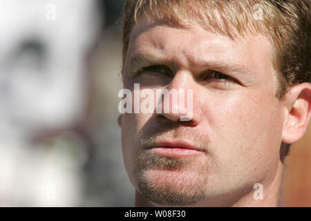 St. Louis place kicker Jeff Wilkins watches the Rams play the 49ers at Monster Stadium in San Francisco on September 11, 2005.  (UPI Photo/Terry Schmitt) Stock Photo