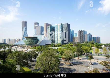 empty huge square for people to relax front modern buildings in cloudy sky Stock Photo