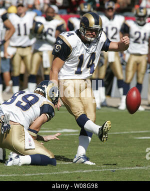St. Louis Rams kicker Jeff Wilkins (14) attempts a field goal from the hold of Dane Looker (89) against the San Francisco 49ers at Monster Park in San Francisco on September 17,  2006. The 49ers defeated the Rams 20-13.   (UPI Photo/Terry Schmitt) Stock Photo
