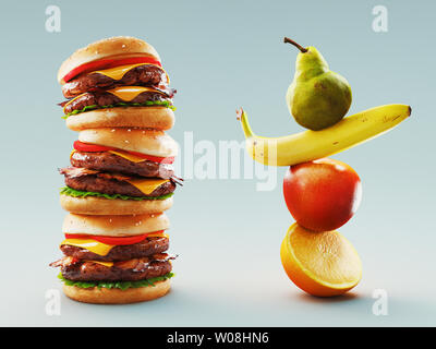 Choose a healthy eating lifestyle comparison between junk food and fruits, 3d rendering Stock Photo