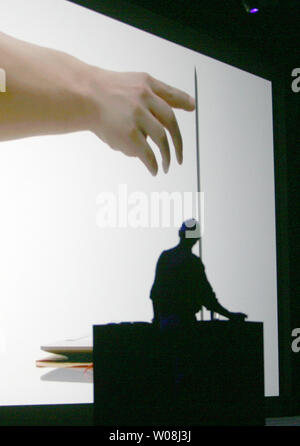 Apple Inc. CEO Steve Jobs unveils the MacBook Air, the world's thinnest notebook, during his keynote address at Macworld in San Francisco on January 15, 2008.  (UPI Photo/Terry Schmitt) Stock Photo