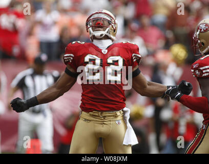 San Francisco 49ers Nate Clements (22) celebrates intercepting a Matt Cassel pass intended for Randy Moss at Candlestick Park in San Francisco on October 5, 2008. The Patriots defeated the 49ers 30-21.   (UPI Photo/Terry Schmitt) Stock Photo