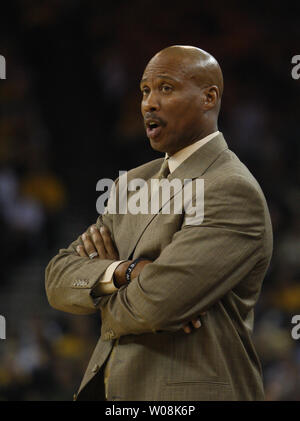 New Orleans Hornets head coach Byron Scott watches his team take on the Golden State Warriors in the first half at the Oracle Arena in Oakland, California on October 29, 2008.   (UPI Photo/Terry Schmitt) Stock Photo