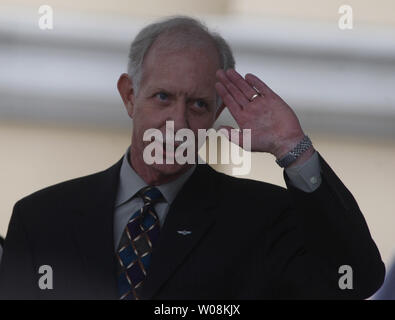 Hero pilot Captin Chesley 'Sully' Sullenberber III salutes at a celebration in Danville, California on January 24, 2009. Sullenberger landed US Airways Flight 1549 in the Hudson river saving all aboard.     (UPI Photo/ Terry Schmitt) Stock Photo