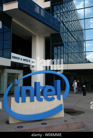 The Intel logo is displayed in front of the Robert Noyce Building on the Intel campus in Santa Clara, California on April 13, 2010.The chip maker is expected to report quarterly earnings after the close of regular trading Tuesday.   UPI/Terry Schmitt Stock Photo