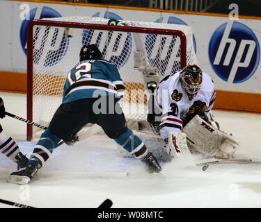 Chicago Blackhawks Patrick Kane (88) takes a shot on goal at San Jose Sharks goalie Evgeni Nabokov in game two of the Western Conference Finals at the HP Pavillion in San Jose, California on May 18, 2010. The Blackhawks defeated the Sharks 4-2 to take a 2-0 lead in the series.   UPI/Terry Schmitt Stock Photo