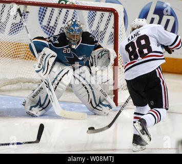 Chicago Blackhawks Patrick Kane (88) takes a shot on goal at San Jose Sharks goalie Evgeni Nabokov in game two of the Western Conference Finals at the HP Pavillion in San Jose, California on May 18, 2010. The Blackhawks defeated the Sharks 4-2 to take a 2-0 lead in the series.   UPI/Terry Schmitt Stock Photo