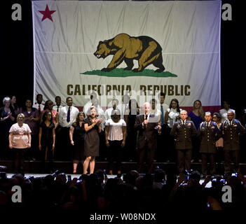 California Governor-elect Jerry Brown speaks to supporters at the Fox Theatre with his wife, Anne Gust, in Oakland, California on November 2, 2010. Brown defeated challenger Meg Whitman.    UPI/Terry Schmitt Stock Photo