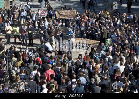 Students and demonstrators rally at Sproul Plaza in support of Occupy Cal at the University of California in Berkeley, California on November 15, 2011. The Occupy Calcalled for a student strike today.   UPI/Terry Schmitt Stock Photo