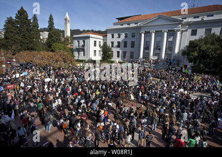 Students and demonstrators rally at Sproul Plaza in support of Occupy Cal at the University of California in Berkeley, California on November 15, 2011. The Occupy Cal group called for a student strike today.   UPI/Terry Schmitt Stock Photo
