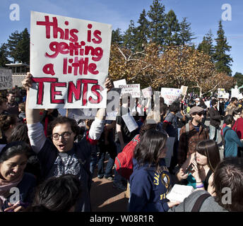 Students and demonstrators rally at Sproul Plaza in support of Occupy Cal at the University of California in Berkeley, California on November 15, 2011. The Occupy Cal group called for a student strike today.   UPI/Terry Schmitt Stock Photo
