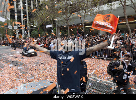 San Francisco Giants closer Sergio Romo celebrates a 2-0 win against the  Detroit Tigers in Game 2 of the 2012 World Series at AT&T Park on Thursday,  October 25, 2012, in San