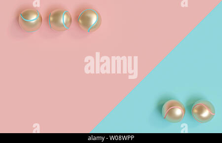 gold tennis balls on a blue and pink background, concept of luxury and exclusivity.flat lay style, 3d image render.