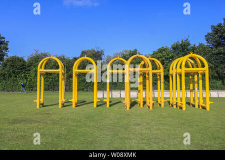 Wimbledon, London. UK . 27th June 2019.  Concrete barriers and metal gates have been installed  outside the All England Tennis Club in the public queueing zone with increased security measures to protect visitors for the Wimbledon Lawn Tennis Championships which start on 1 July .  Credit: amer ghazzal/Alamy Live News Stock Photo