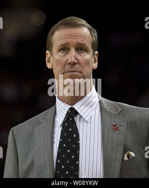 Portland Trail Blazers head coach Terry Stotts watches play against the Golden State Warriors in the fourth period at Oracle Arena in Oakland, California on October 24, 2013. The Trail Blazers defeated the Warriors 90-74 in the preseason game.   UPI/Terry Schmitt Stock Photo