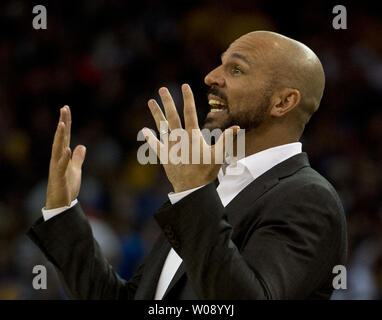 Brooklyn Nets Head Coach Jason Kidd  yells to his team as they play the Golden State Warriors in the second half at Oracle Arena in Oakland, California on February 22, 2014. The Warriors defeated the Nets 93-86.   UPI/Terry Schmitt Stock Photo