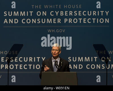 Apple CEO Tim Cook speaks at the Summit on Cybersecurity and Consumer Protection at Stanford University in Palo Alto, California on February 13, 2015. According to Cook, youÕll soon be able to use Apple Pay for entry at National Parks.    Photo by Terry Schmitt/UPI Stock Photo