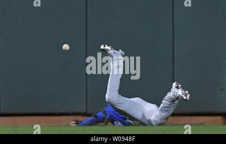 Chicago Cubs center fielder Albert Almora Jr. can't catch the 2-RBI triple by San Francisco Giants' Conor Gillaspie in the eighth inning during National League Division Series Game 3 at AT&T Park in San Francisco, October 10, 2016. Photo by Terry Schmitt/UPI Stock Photo