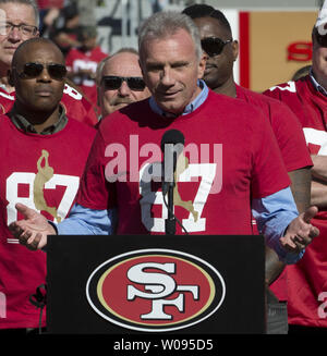 San Francisco 49ers great Joe Montana introduces Dwight Clark on Dwight Clark Day at halftime of the game against the Dallas Cowboys at Levi's Stadium in Santa Clara, California on October 22, 2017. Clark is suffering from ALS and thanked his former teammates, former owner Eddie DeBartolo and current owners for support.   Photo by Terry Schmitt/UPI Stock Photo