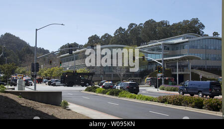 Emergency vehicles sit outside an active shooter incident at YouTube headquarters in San Bruno, California on April 3, 2018.     Photo by Terry Schmitt Stock Photo