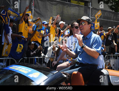 Golden State Warrior' majority owner Joe Lacob celebrates with fans at the Warriors'  victory parade in Oakland, California on June 12, 2018. The Warriors and their fans are celebrating back to back NBA championships.     Photo by Terry Schmitt/UPI Stock Photo