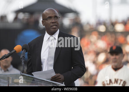 Former San Francisco Giants player Barry Bonds speaks to fans during a ceremony to retire his jersey number before a baseball game between the Giants and the Pittsburgh Pirates in San Francisco on August 11, 2018. Photo by Terry Schmitt/UPI Stock Photo