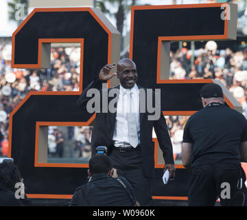Former San Francisco Giants player Barry Bonds waves to fans during a ceremony to retire his jersey number before a baseball game between the Giants and the Pittsburgh Pirates in San Francisco on August 11, 2018. Photo by Terry Schmitt/UPI Stock Photo