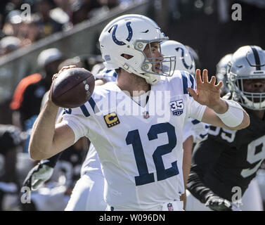 Indianapolis Colts QB Andrew Luck (12) drops back to pass against the Oakland Raiders in the first quarter at the Coliseum Oakland, California on October 28, 2018. The Colts defeated the Raiders 42-28.         Photo by Terry Schmitt/UPI Stock Photo
