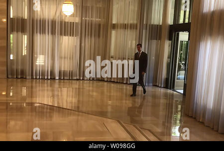 An image grab taken from a video released by the official Twitter page of the Syrian Presidency on April 14, 2018, shows President Bashar al-Assad walking into an administrative building in the Syrian capital Damascus, to condemn the strikes carried out by the United States, Britain and France against the Syrian regime. The United States, Britain and France carried out a wave of punitive strikes against Bashar al-Assad's Syrian regime on Saturday in response to alleged chemical weapons attacks. Photo by /UPI Stock Photo