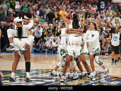 The Baylor Lady Bears celebrate after defeating the Notre Dame Fighting  Irish 82-81 to win the 2019 NCAA Women's Basketball National Championship  at the Amalie Arena in Tampa, Florida on April 7