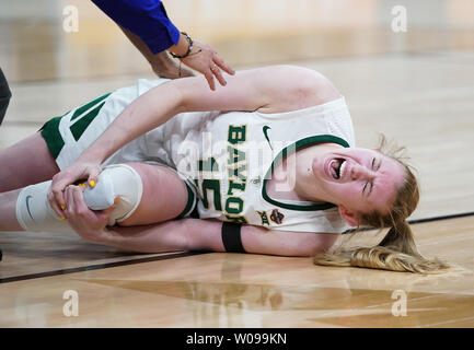 Baylor Lady Bears forward Lauren Cox (15) is injured against the Notre Dame Fighting Irish in the second half of the 2019 NCAA Women's Basketball National Championship at the Amalie Arena in Tampa, Florida on April 7, 2019. Photo by Kevin Dietsch/UPI Stock Photo