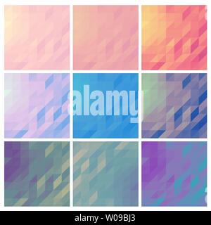 Low poly backgrounds set polygonal backdrops collection of pastel colored designs copy space cards in pink and blue pastel palette Stock Vector