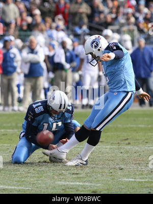 Tennessee Titans kicker Rob Bironas (2) runs off the field after kicking a  60-yard field goal in the final seconds of the fourth quarter to beat the  Indianapolis Colts, 20-17, in an