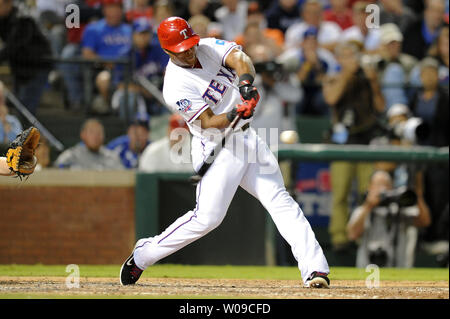 Texas Rangers Adrian Beltre (29) connects on a pitch but flies out to left field in the bottom of the sixth inning of the American League Wild Card game against the Baltimore Orioles at Rangers Ballpark in Arlington on October 5, 2012, in Arlington, Texas. UPI/Michael Prengler Stock Photo