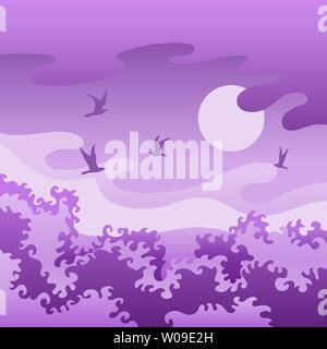 Evening violet landscape with birds Stock Vector