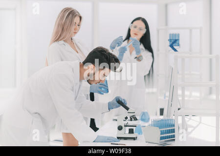 group of young scientist experimenting in the laboratory Stock Photo