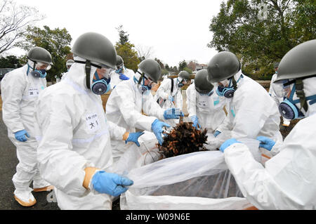 Member of Japan's Ground Self Defense Force decontaminate at the city office of Namie Machi,  8 kilometers from the Fukushima Dai-ichi nuclear power plant in Fukushima prefecture, Japan, on December 8, 2011. About 900 members of Japan's GSFD started a two-week decontamination operation.   UPI/Keizo Mori Stock Photo
