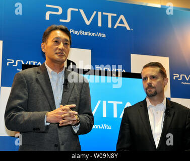 Chairman of Sony Computer Entertainment, Inc., Kazuo Hirai(L) and President and Group CEO of Sony Computer Entertainment Inc., Andrew House, attend a launch event for portable video game player 'PlayStation Vita (PS VITA)' at the 'TSUTAYA' Shibuya store in Tokyo, Japan, on December 17, 2011. PS VITA will be released in Europe and U.S. on February 22, 2012.     UPI/Keizo Mori Stock Photo