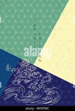 Japanese pattern template vector. Blue wave background. Hand drawn line ocean. Stock Vector
