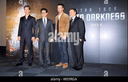 (L-R)Actor Benedict Cumberbatch, Director J. J. Abrams, actor Chris Pine and Producer Bryan Burk attend a press conference for the film 'Star Trek Into Darkness' in Tokyo, Japan on December 4, 2012.     UPI/Keizo Mori Stock Photo