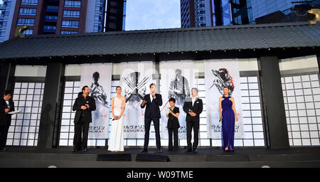 (L-R ) Director James Mangold, Japanese actress Tao Okamoto, actor Hugh Jackman, Japanese actors Hiroyuki Sanada, and Rila Fukushima attend the Japan premiere for the film 'The Wolverine' in Tokyo, Japan on August 28, 2013.     UPI/Keizo Mori Stock Photo