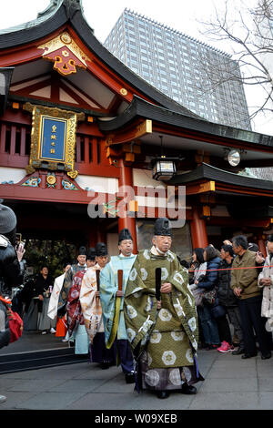 Bean-throwing ceremony held at Hie shrine in Tokyo, Japan, on February 3,  2015. February 3rd is Setsubun or the bean-throwing ceremony in Japan.  People throw dried beans inside and outside the house, shouting Oni wa  soto Fuku wa uchi, which